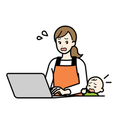 パソコン操作中に赤ちゃんが泣いて困る主婦のイラスト。