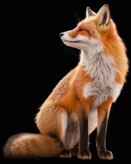 Obraz premium Red Fox Sitting on Black Background in Tranquil Pose with Closed Eyes and Curled Tail Digital Illustration.
