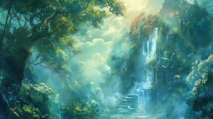 Obraz premium 静寂の森と滝の美しいイラスト