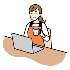 パソコン操作中に休憩する主婦のイラスト。