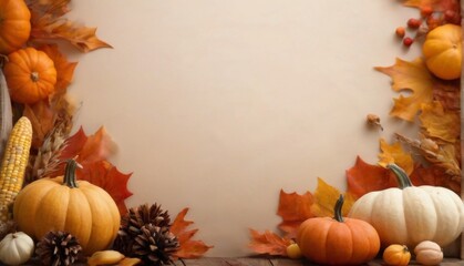 Cozy Autumn Flat Lay with Pumpkins, Corn Cob, Pinecone, and Fall Leaves on Wooden Surface