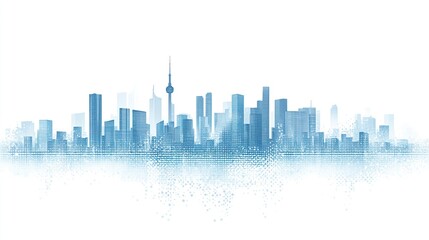 Modern digital city skyline composed of light blue dots on white background, flat design minimalistic vector illustration, simple shapes high resolution no shadows gradients or noise.