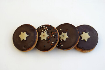 Sandwich cookies with peanut butter, dark chocolate and romantic decoration