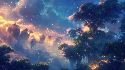 Obraz premium 幻想的な空と森のイラスト