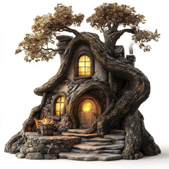 Fototapeta premium Cozy fairy tale house nestled in tree hollow with earthy tones