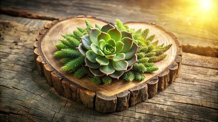 Heart-shaped wooden planter showcasing a succulent plant nestled amongst vibrant green foliage, bathed in warm sunlight.