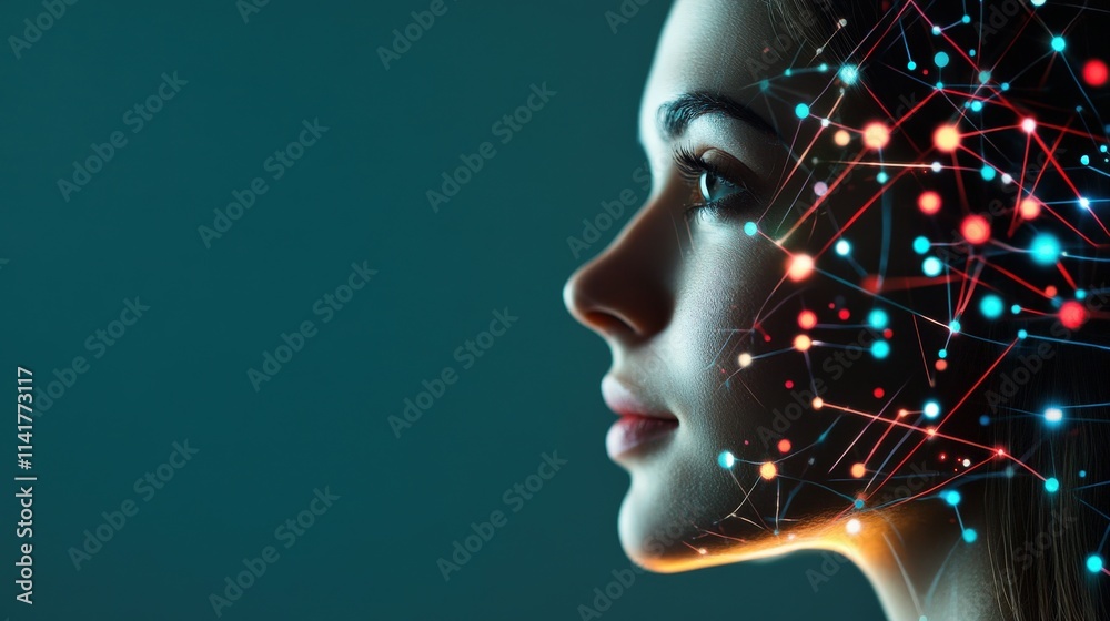 Poster a portrait of a woman with a futuristic digital network overlay representing technology, connectivit