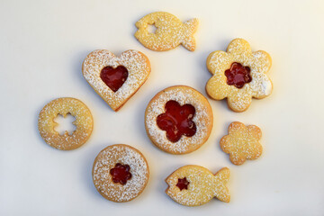 Linzer cookies on a white background. Christmas baking