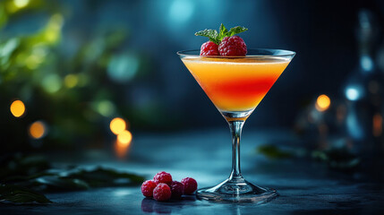 A colorful cocktail served in a martini glass with a vibrant garnish and a fancy stirrer