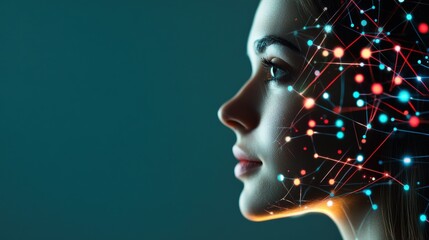 Fototapeta premium A Portrait of a Woman with a Futuristic Digital Network Overlay Representing Technology, Connectivity, and Artificial Intelligence in a Creative Artistic Style