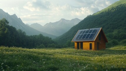 Fototapeta premium Sustainable wooden house with solar panels in a mountain valley meadow.