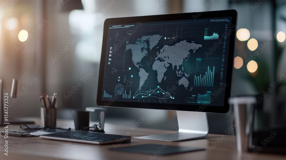 Poster Modern Workspace with Computer Displaying Global Data Visualization and Analytics in a Bright Office Environment, Ideal for Technology and Business Themes