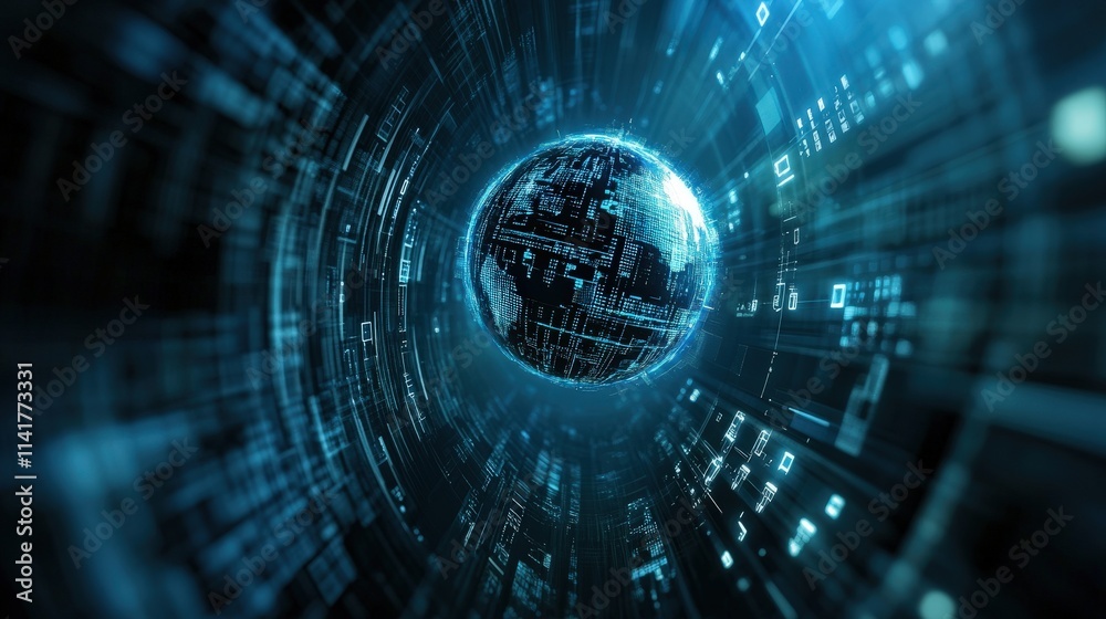 Aufkleber Futuristic Digital Earth Surrounded by Glowing Lines and Data Streams Representing Global Connectivity and Technological Advancement in a Virtual Space