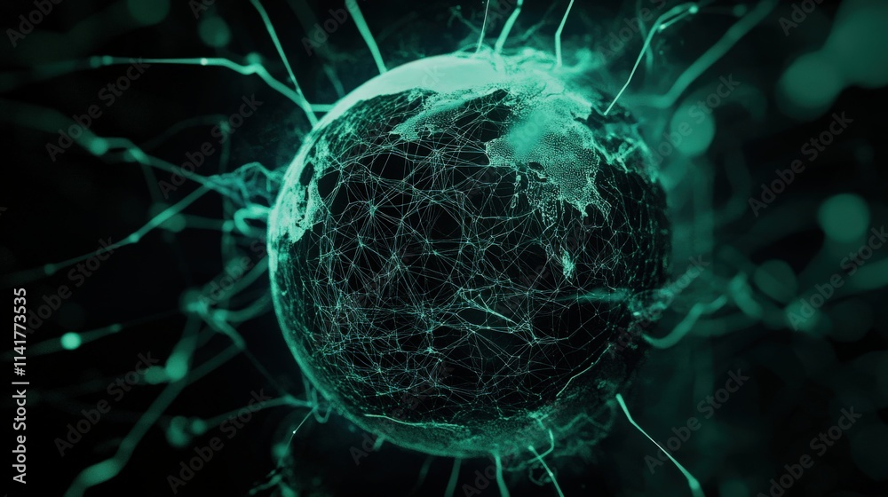 Fototapete Abstract digital representation of a globe interconnected with glowing lines, showcasing technology and global connectivity in a futuristic style with vibrant green hues