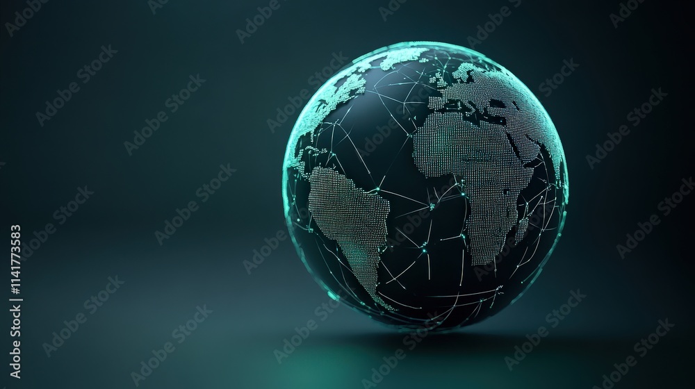 Poster Futuristic 3D Model of a Globe with Digital Network Connections Representing Global Communication and Technology Advancements in a Dark Background