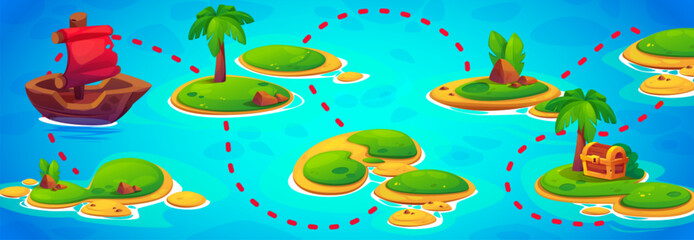 Pirate game map. Vector cartoon illustration of tropical islands with palm trees, old ship with scarlet sails, path to treasure chest. Pirate adventure route for navigation between gaming levels