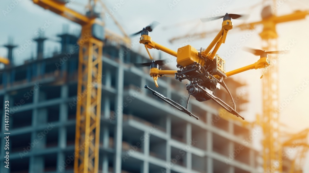 Aufkleber aerial drone capturing images over modern construction site with crane and building framework on bac