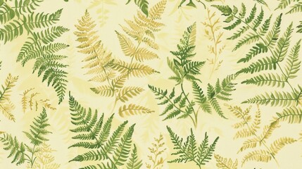 A patterned background featuring various green and yellow ferns against a pale yellow backdrop.