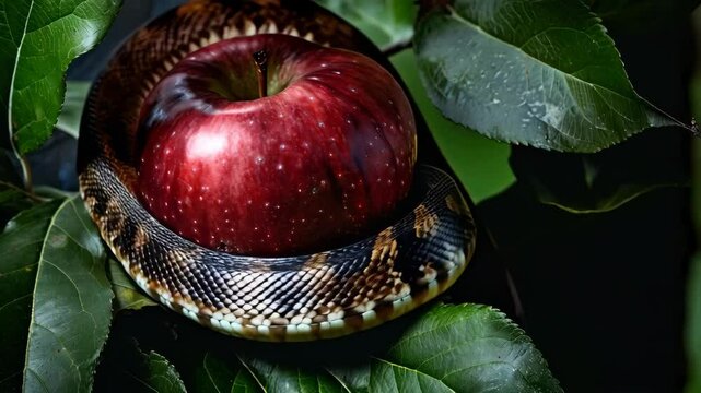 Red apple and snake on green tree in garden