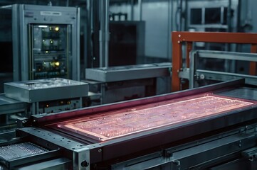 Obraz premium Glowing Microchip On A Conveyor Belt In An Automated Assembly Line
