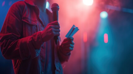 Close-up of a quizmaster holding a microphone and trivia question cards, with soft stage lighting. Trivia Day,Quiz contests, entertainment activities, team building, knowledge contests