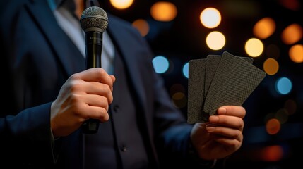 Close-up of a quizmaster holding a microphone and trivia question cards, with soft stage lighting. Trivia Day,Quiz contests, entertainment activities, team building, knowledge contests