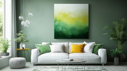 Green Abstract Art Decorates Modern Living Room