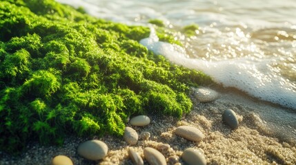 A close-up of vibrant green sea moss growing on small pebbles and rocks on the beach, with gentle waves washing over them. The textures of the moss, sand, and stones create a rich.