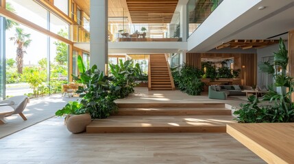 Obraz premium Chic sustainable boutique hotel lobby with eco-friendly design modern architecture relaxing environment bright and inviting viewpoint