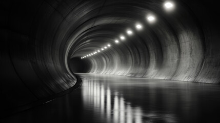 Dark concrete tunnel illuminated by lights with reflective water beneath in a mysterious underground passage
