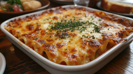 A hearty lasagna served in a traditional Italian restaurant, with cheese perfectly melted on top