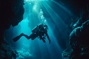 Beautiful diver goes on an underwater adventure in frighteningly deep sea