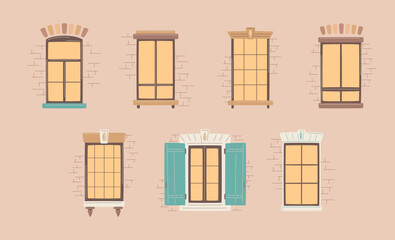Set of modern and antique windows with part of wall with brickwork. Old town window frame. City architecture exterior, facade front view collection. Hand drawing vector illustration