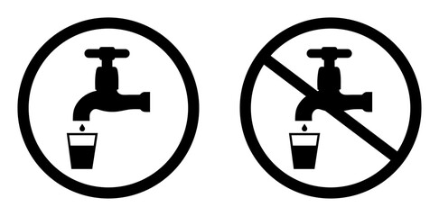 Drinking and non-drinking water icon set. Drinking water and not-drinking water point tap icon flat web sign symbol. No water sign symbol. Potable and non-potable sign. Safe and unsafe.
