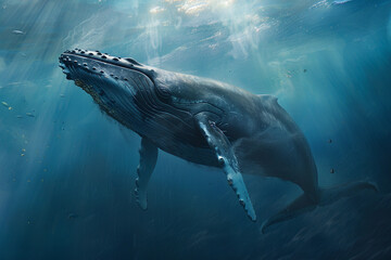 Naklejka premium Fantastically beautiful majestic huge whale in blue ocean