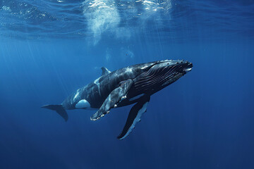 Fototapeta premium Fantastically beautiful majestic huge whale in deep ocean