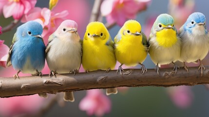 Naklejka premium Five colorful small birds perched on a branch among pink blossoms.