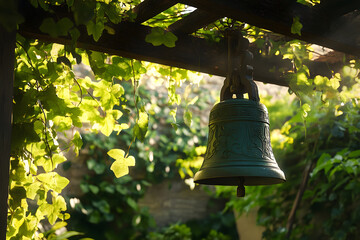 Ancient Bronze Bell Amidst Verdant Garden Vines Under a Gentle Sunlit Canopy