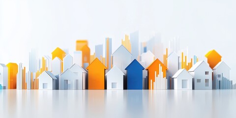 Colorful abstract cityscape with houses and skyscrapers on a minimalist background.