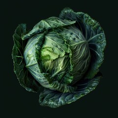 Obraz premium Close-up of a fresh, green cabbage with tightly packed leaves, illuminated against a dark background.