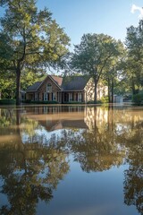 Fototapeta premium Serene Autumn Reflection of Cozy Wooden Cabin on Tranquil Lake in Countryside