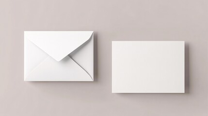 Minimalist composition featuring a white envelope and blank card on a soft beige background.