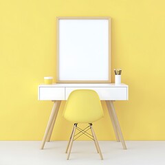 Minimalist yellow workspace with blank frame, desk, chair.