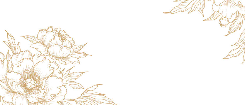 Luxury floral line art background with golden hand drawn flowers. Vector design with a bouquet of flowers, branches, leaves for card, business card, flyer, banner, wedding invitation, cover, wallpaper