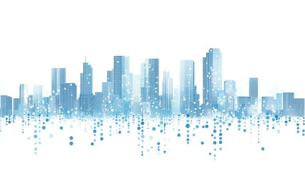 Obraz premium Modern digital city skyline composed of light blue dots on white background, flat design minimalistic vector illustration, simple shapes high resolution no shadows gradients or noise.