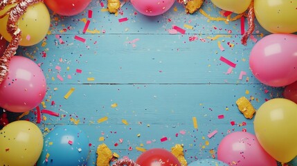 Vibrant carnival or party celebration frame featuring colorful balloons, streamers, and confetti arranged on a rustic wooden background, perfect for festive event designs, party invitations, and decor