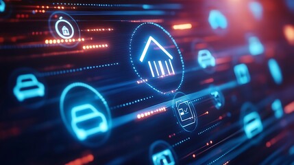 Obraz premium Insurance concept with house and car icons on a digital screen 