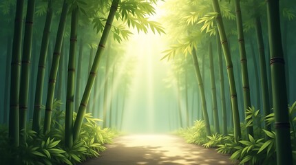 Serene Bamboo Forest Path in Sunrise Light, Generative AI