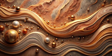 Abstract Golden Waves with Scattered Spheres and Shimmering Texture