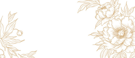 Luxury floral line art background with golden hand drawn flowers. Vector design with a bouquet of flowers, branches, leaves for card, business card, flyer, banner, wedding invitation, cover, wallpaper © Victory